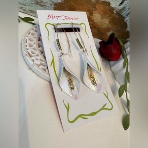 Betsey Johnson Calla Lily Drop Iridescent Earrings with Gold & Green Accent